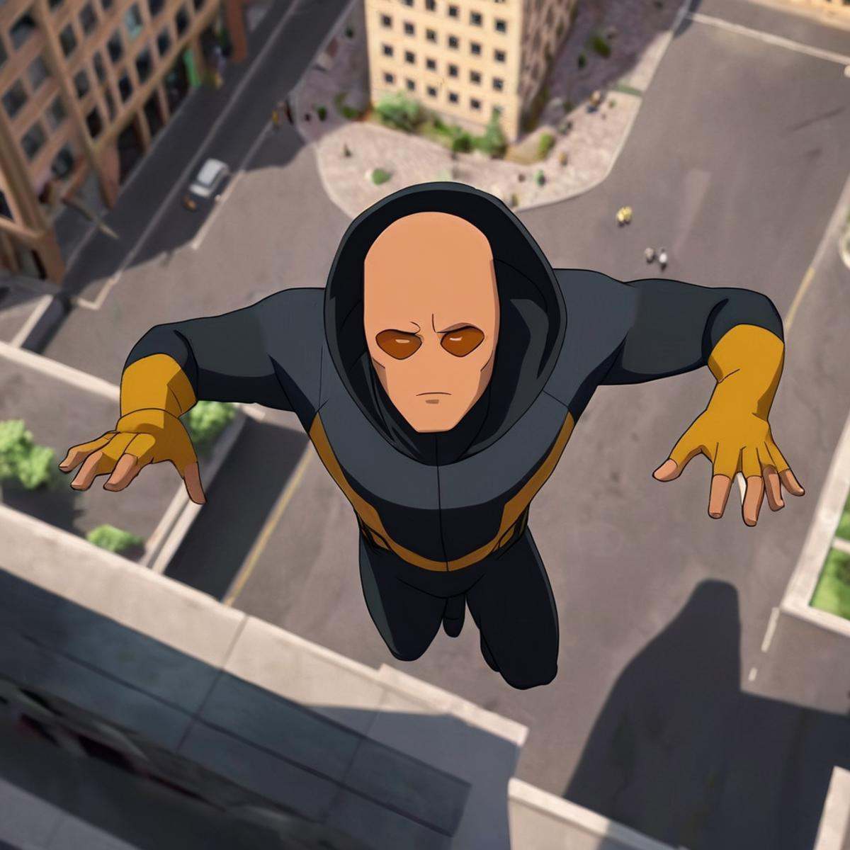 cinematic film still of detailed perfect Martian Man a man in a hoodie is flying over a building,  from above,  high angle...