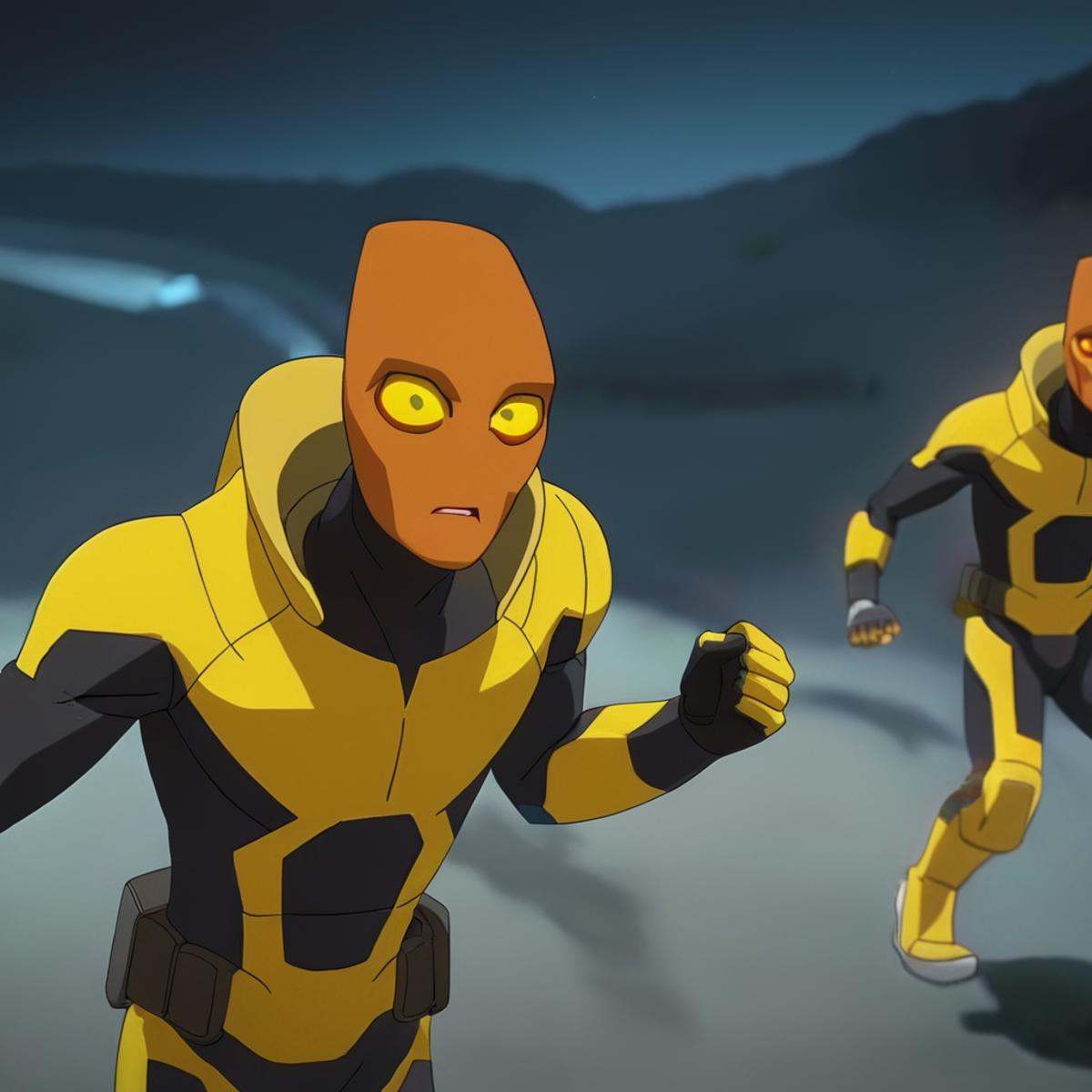 cinematic film still of detailed perfect Martian Race a close up of a Martian person with a yellow and black armor suit,...