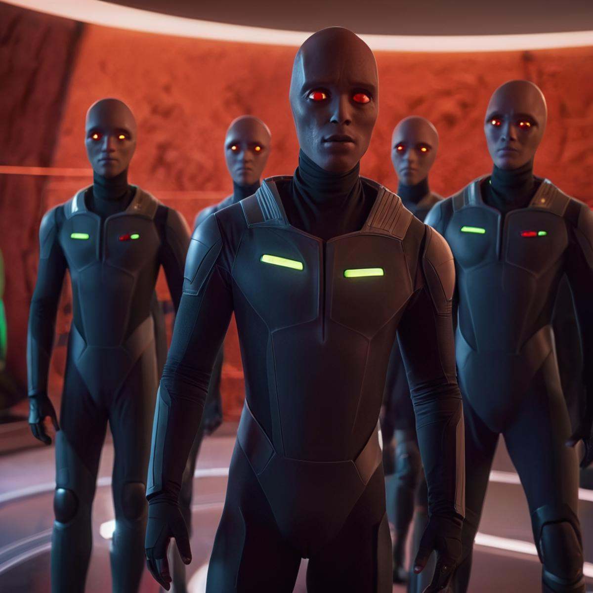 cinematic film still of detailed perfect Martian Race a group of Martian people in costumes standing in a room,  Martians,...