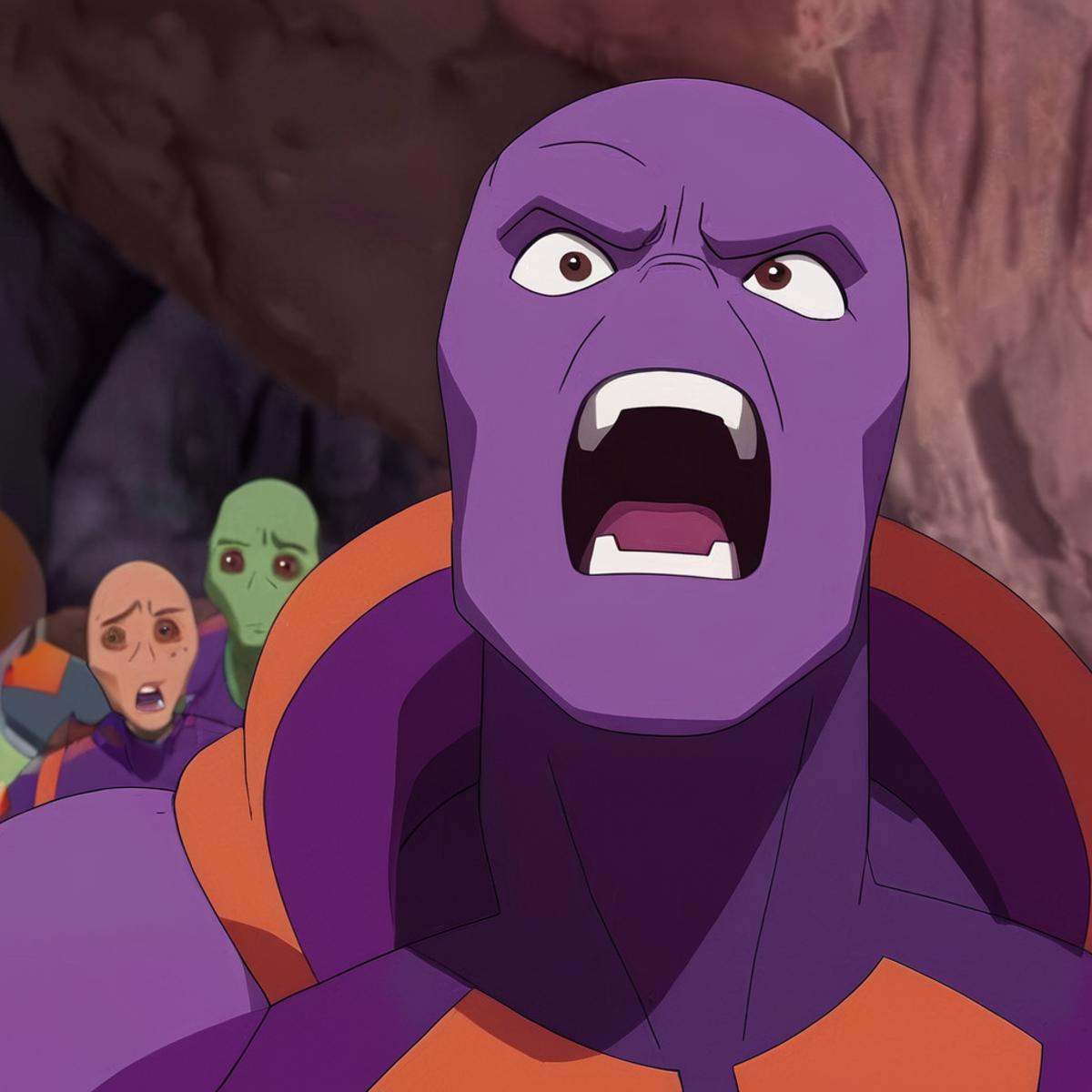cinematic film still of detailed perfect Martian Man a man with a purple coat and a purple outfit screaming at camera,  or...