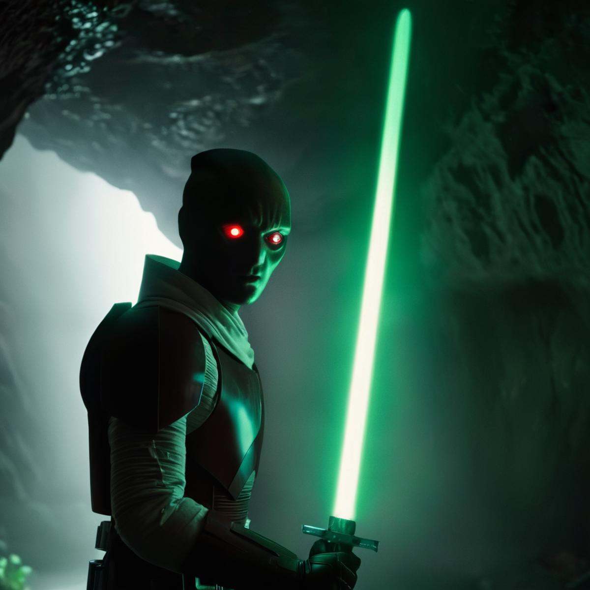 cinematic film still of detailed perfect Martian Man a man with a green light saber in a dark cave room,  glowing red eyes...