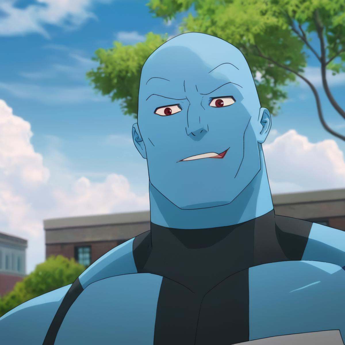 cinematic film still of detailed perfect Mauler Twins a cartoon of a man with a blue face,  blue skin tone,  bald on Tenso...