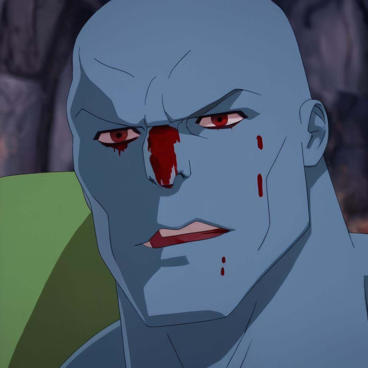 cinematic film still of detailed perfect Mauler a cartoon of a Mauler woman with blood on her body and face looking at cam...