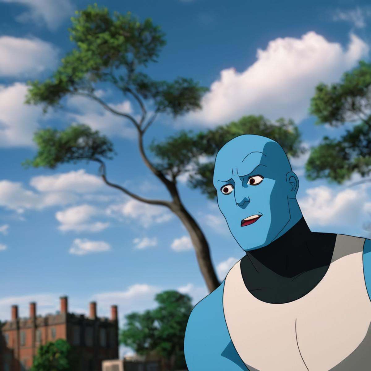 cinematic film still of detailed perfect Mauler Twins a cartoon of a man with a blue face,  blue skin tone,  bald on Tenso...