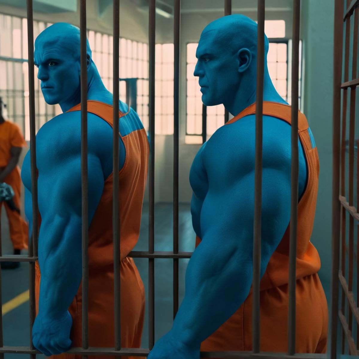cinematic film still of detailed perfect realisticMauler Twins two blue skin blue face blue body men in orange jail outfit...