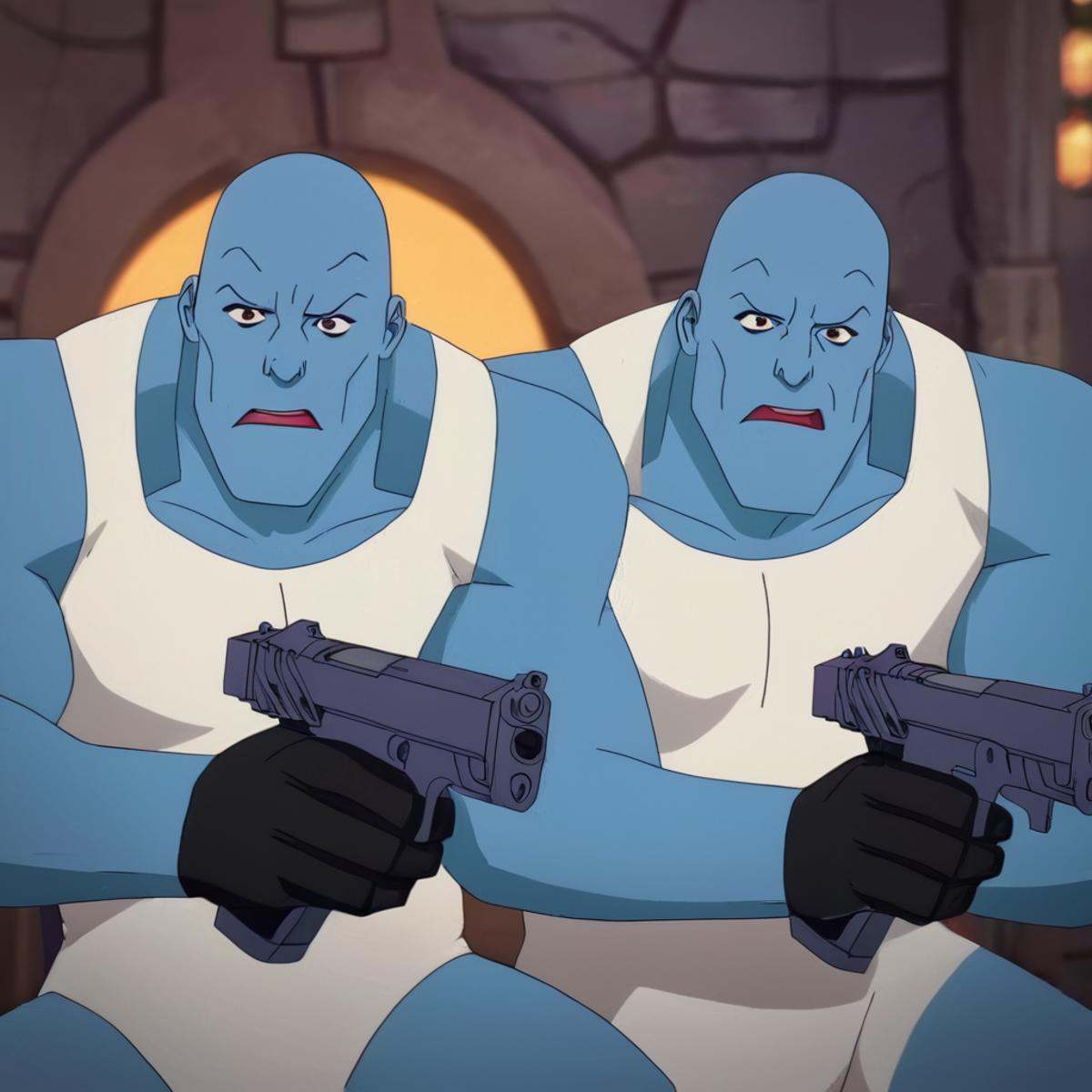 cinematic film still of detailed perfect Mauler Twins a cartoon character with a blue face coming out of rubles,  blue ski...