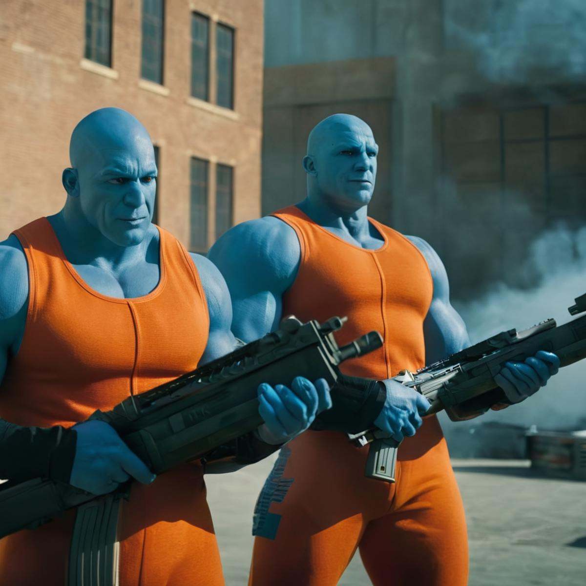 cinematic film still of detailed perfect realisticMauler Twins two men in orange and blue outfits holding a big futuristic...