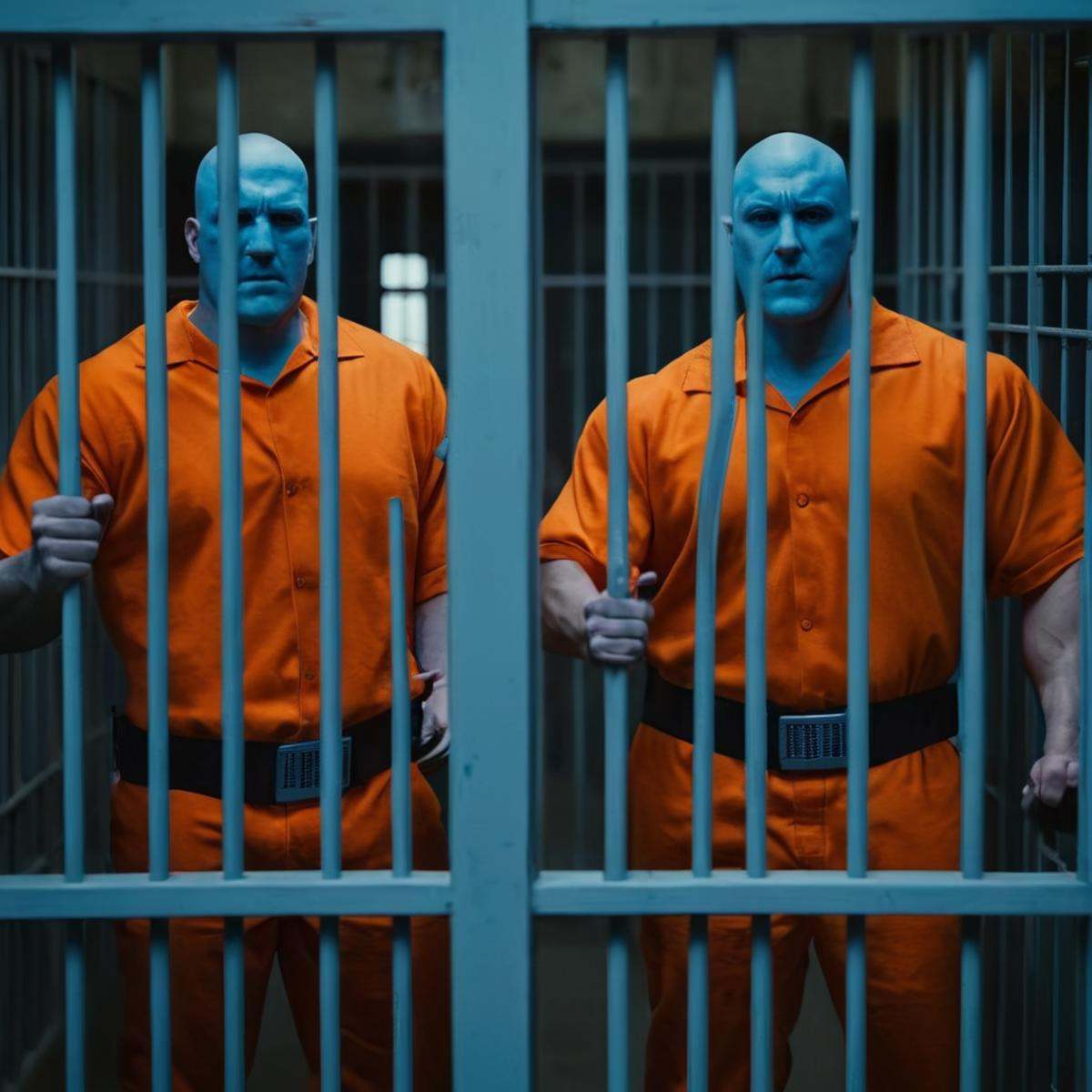 cinematic film still of detailed perfect realisticMauler Twins two blue skin blue face blue body men in orange jail outfit...
