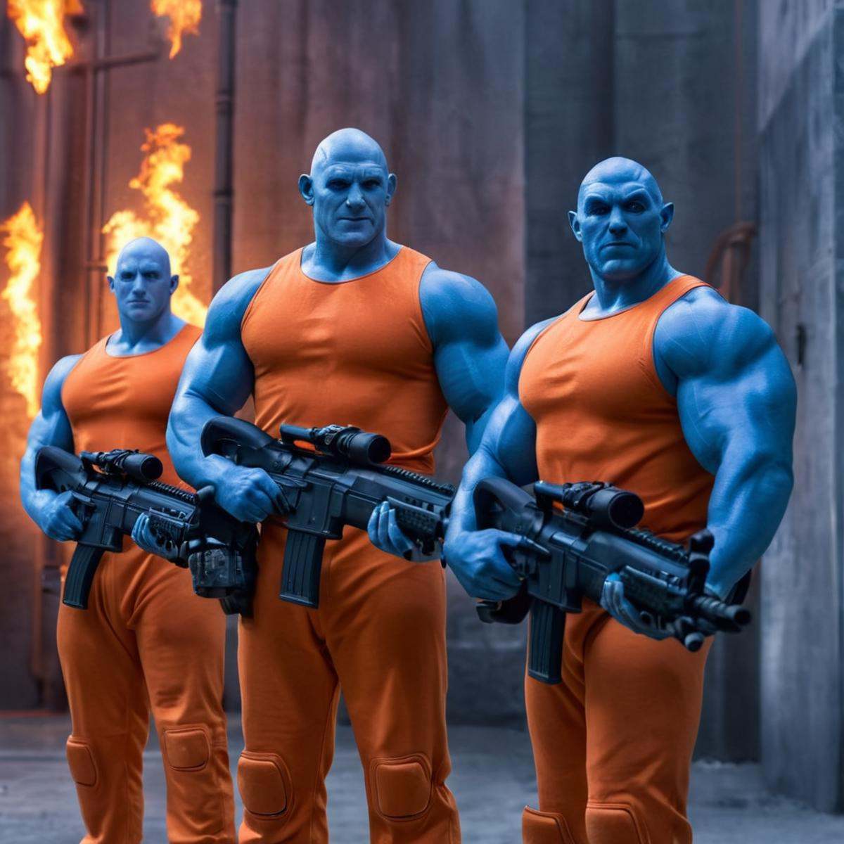 cinematic film still of detailed perfect realisticMauler Twins two blue skin blue face blue body men in orange jail outfit...