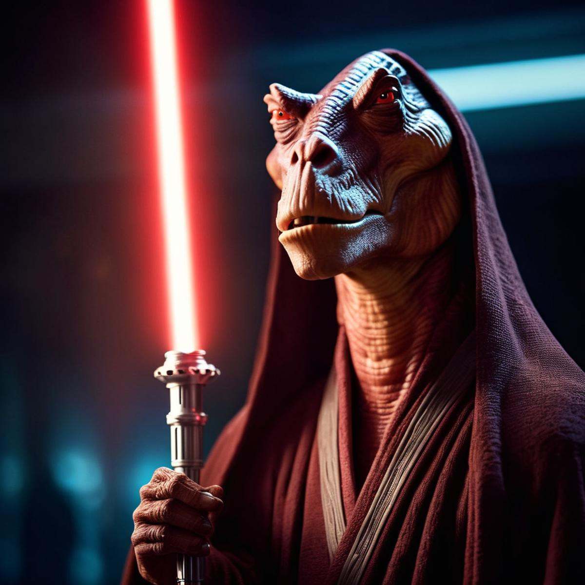 cinematic film still of darth jar jar binks a creature in a robe with lights on his head in star wars universe,  shallow d...