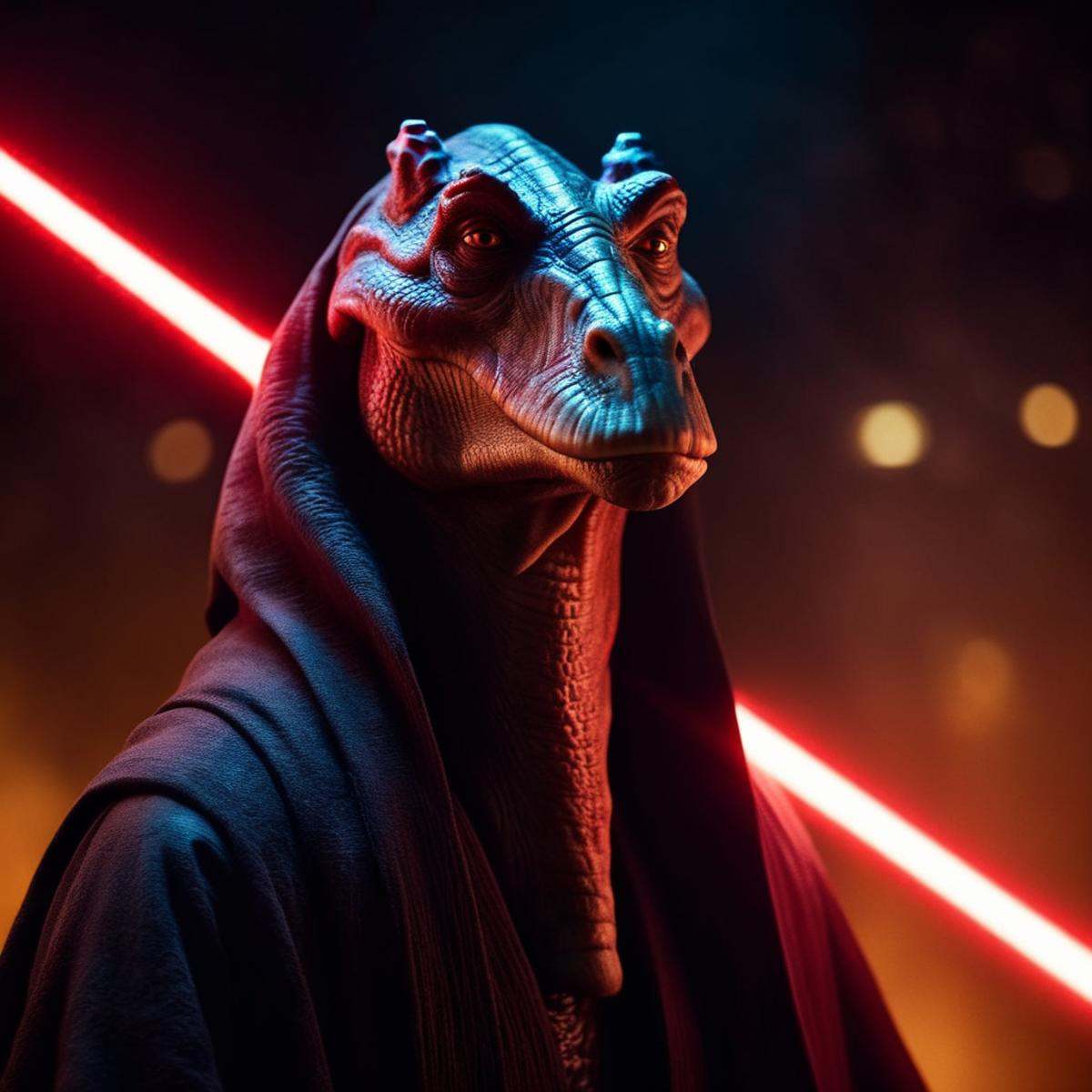 cinematic film still of darth jar jar binks a creature in a dark robe with a red light saber in star wars universe,  shall...