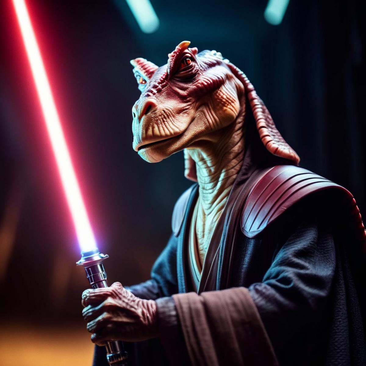 cinematic film still of darth jar jar binks a creature in a star wars costume holding a light saber in star wars universe,...
