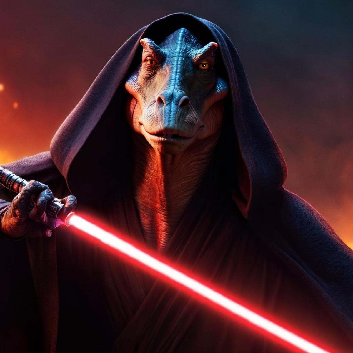 concept art of darth jar jar binks a creature in a dark robe with a red light saber in star wars universe,  digital artwor...