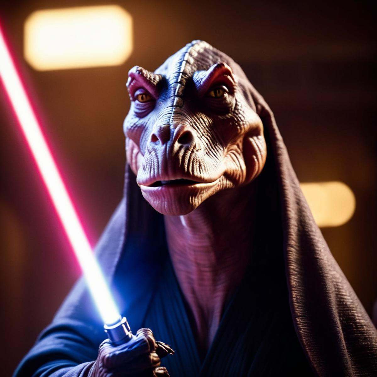 cinematic film still of darth jar jar binks a creature in a star wars costume holding a light saber in star wars universe,...