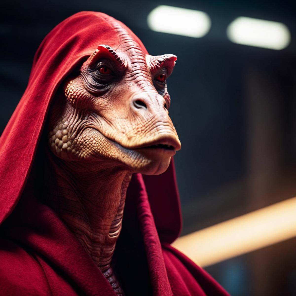 cinematic film still of darth jar jar binks a close up of a creature with a red robe in star wars universe,  shallow depth...