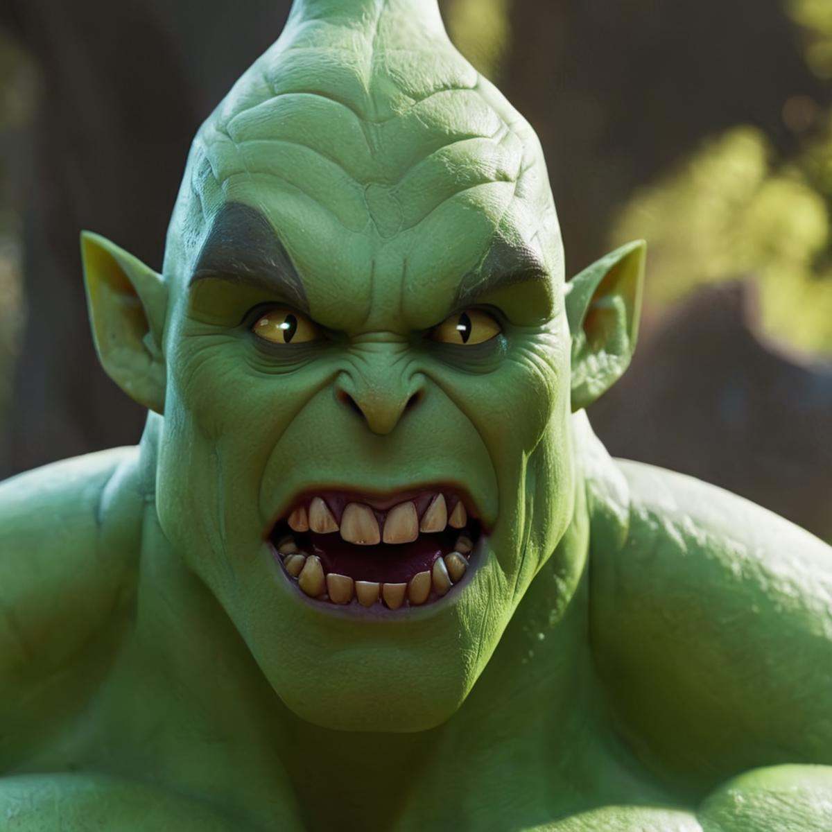 cinematic film still of detailed perfect MonsterG a green ghoul with a big smile on his face green monster creature5,  mus...