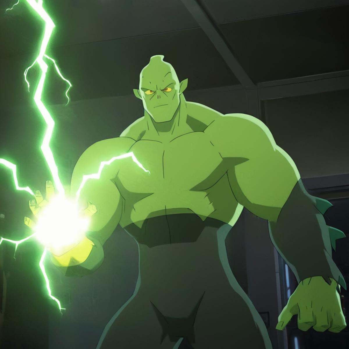 cinematic film still of detailed perfect MonsterG a ghoul is standing in a room electrified by a supervillain,  green mons...