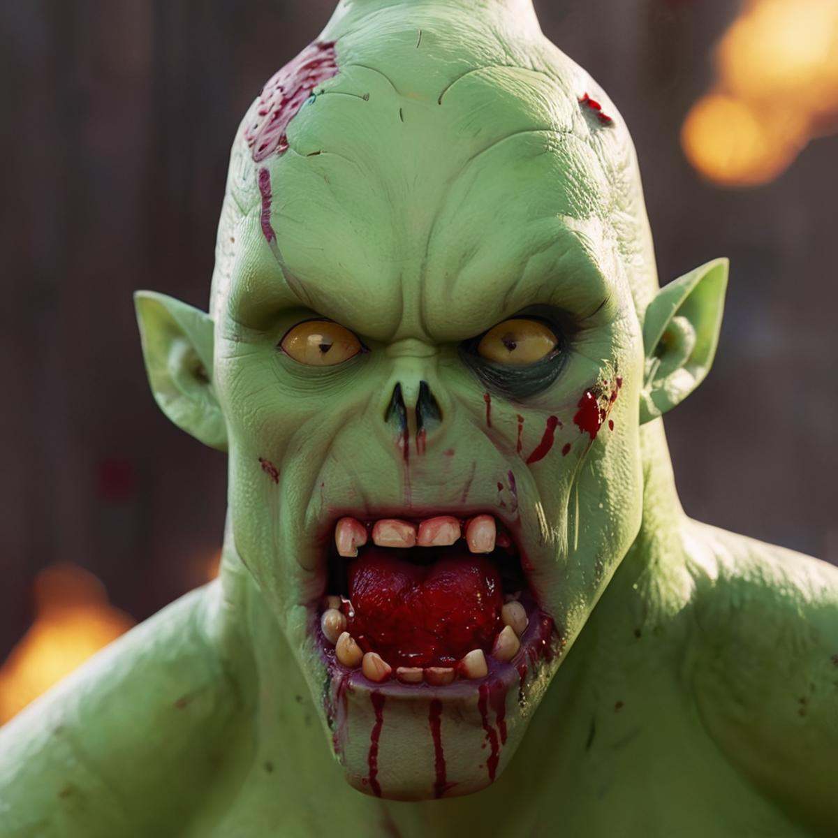cinematic film still of detailed perfect MonsterG a cartoon ghoul character with a bloody wounded messed up face and wound...