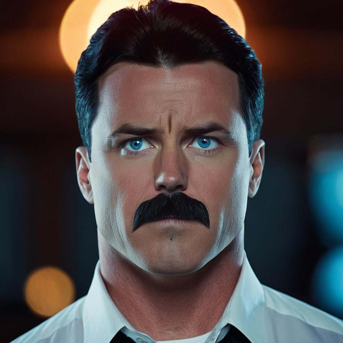 cinematic film still of detailed perfect Nolan Grayson a man with a mustache and a moustache stares at the camera,  seriou...