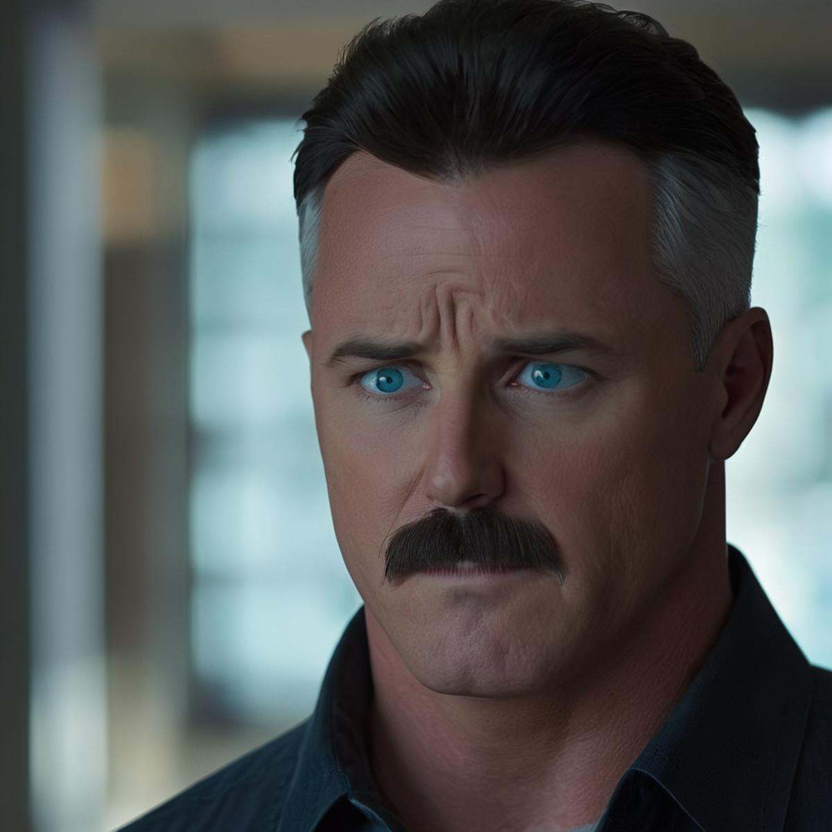 cinematic film still of detailed perfect Nolan Grayson a man with a mustache and a worried look,  solo,  looking at viewer...