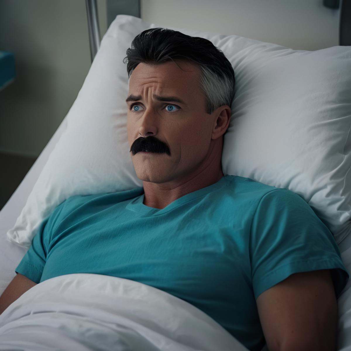 cinematic film still of detailed perfect Nolan Grayson a man with a mustache laying in a hospital bed,  solo,  short hair...
