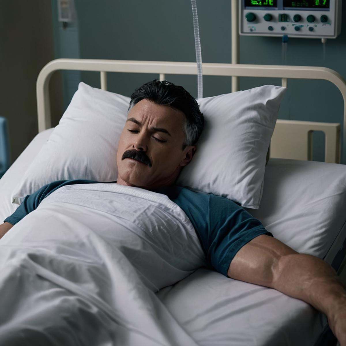 cinematic film still of detailed perfect Nolan Grayson a man laying in a hospital bed with a cast on his arm,  solo,  shor...