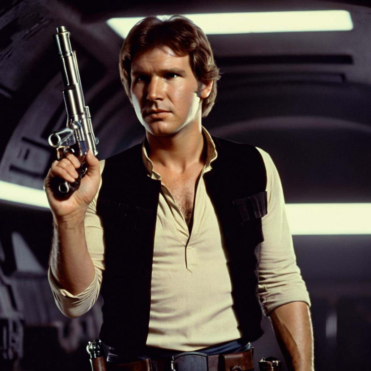cinematic film still of Han Solo a man holding a gun in his hand in star wars universe,  shallow depth of field,  vignette...
