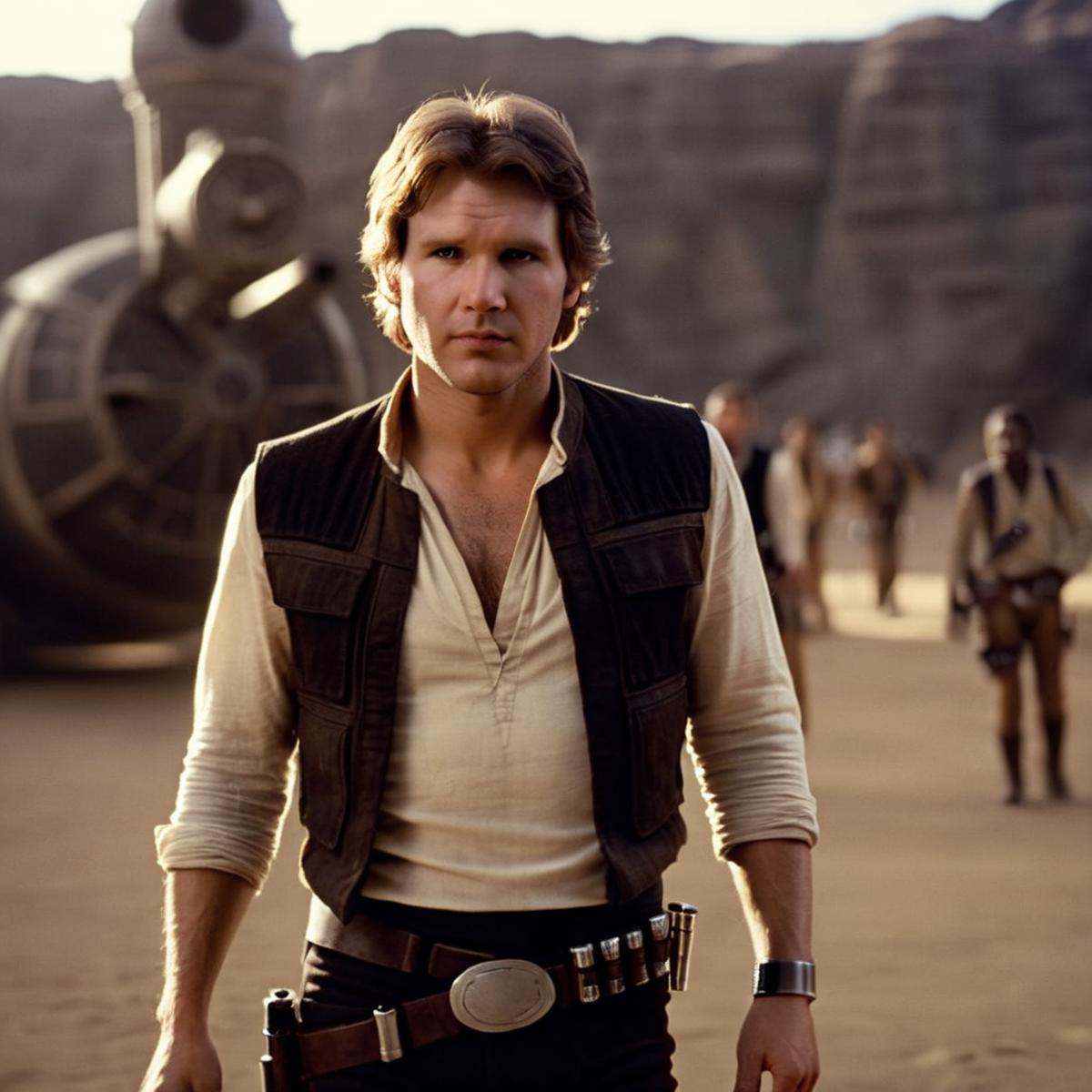cinematic film still of Han Solo a man with a vest and a shirt on in star wars universe,  shallow depth of field,  vignett...