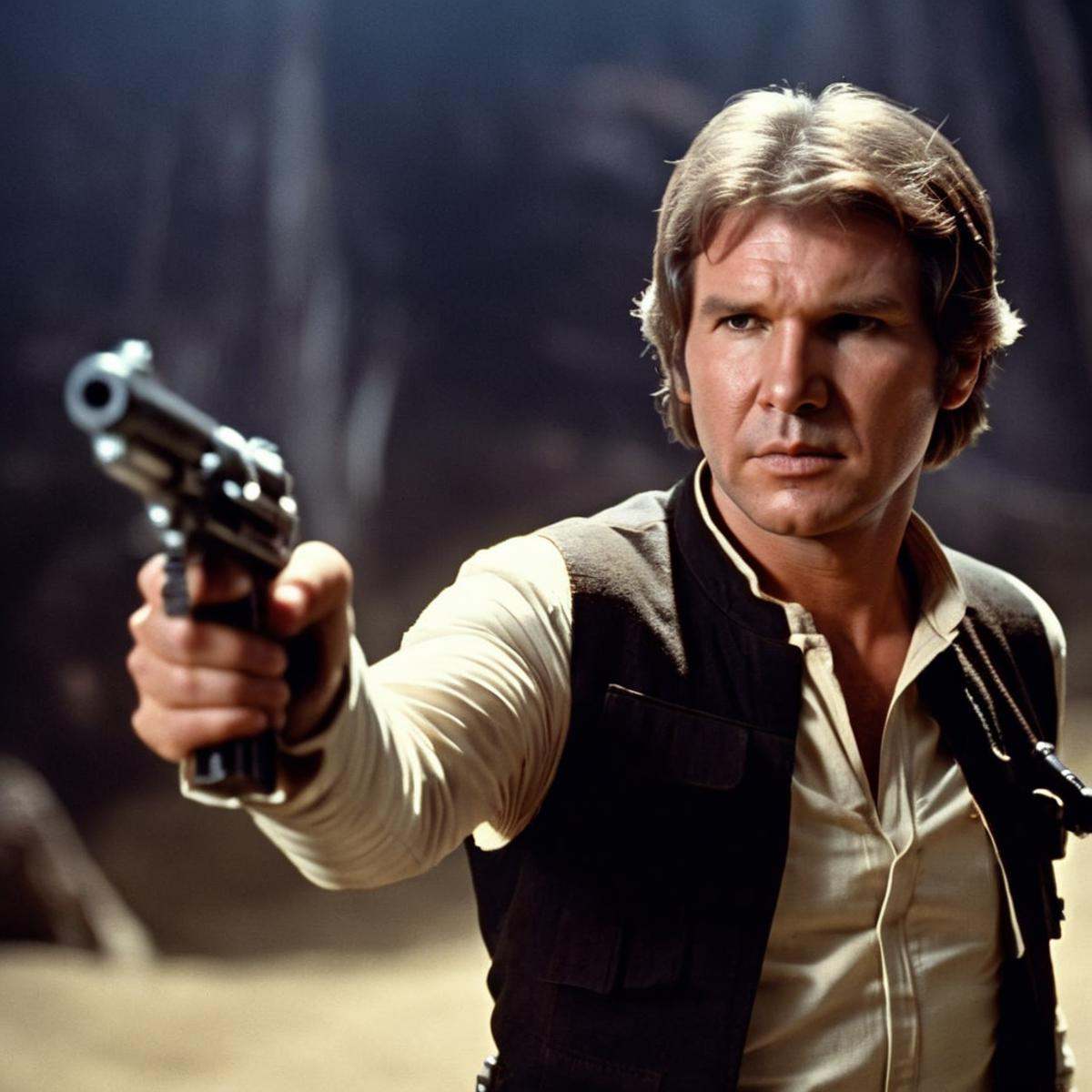 cinematic film still of Han Solo an old man with grey hair holding a gun in his hand in star wars universe,  shallow depth...
