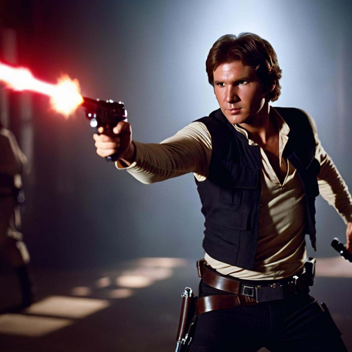 cinematic film still of Han Solo a painting of a man aiming a gun with red muzzle flash in star wars universe,  shallow de...