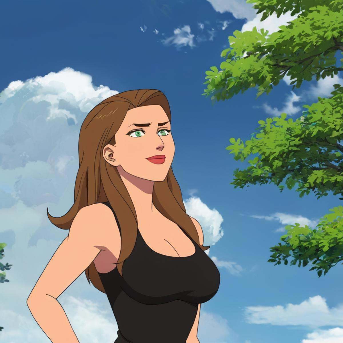 anime artwork of detailed perfect Olga a woman in a black **** top standing in front of a tree,  Russian woman,  1girl on...