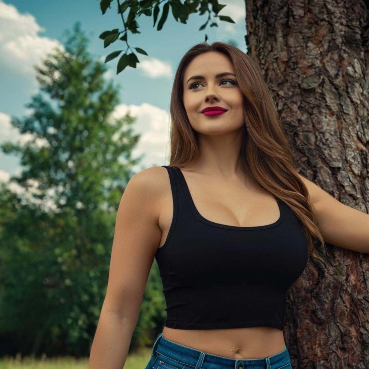 cinematic film still of detailed perfect Olga a woman in a black **** top standing in front of a tree,  Russian woman,  1g...