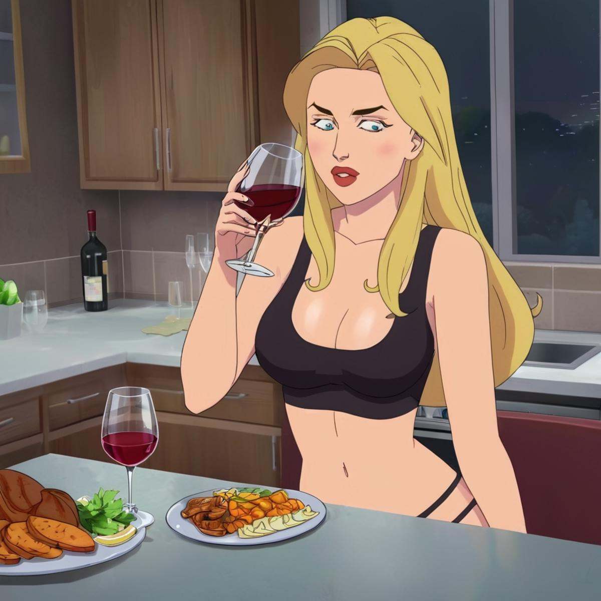 anime artwork of detailed perfect Olga a woman drinking a glass of wine in a kitchen,  Russian woman,  1girl on Tensor.Art