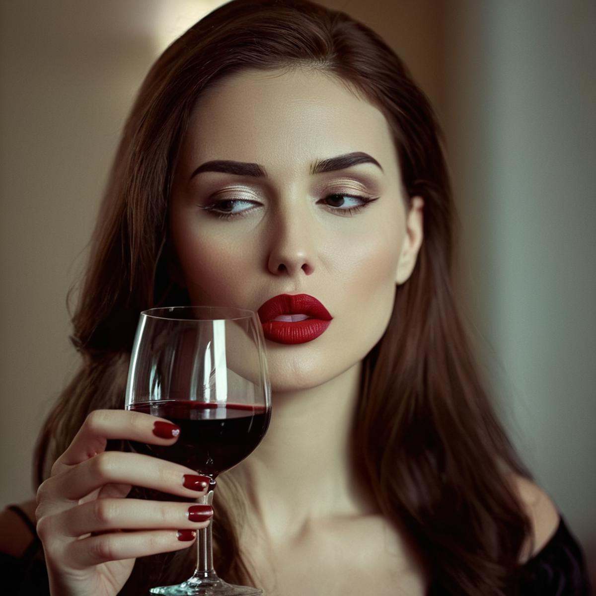 cinematic film still of detailed perfect Olga a woman drinking a glass of wine in a room,  Russian woman,  1girl on Tensor...