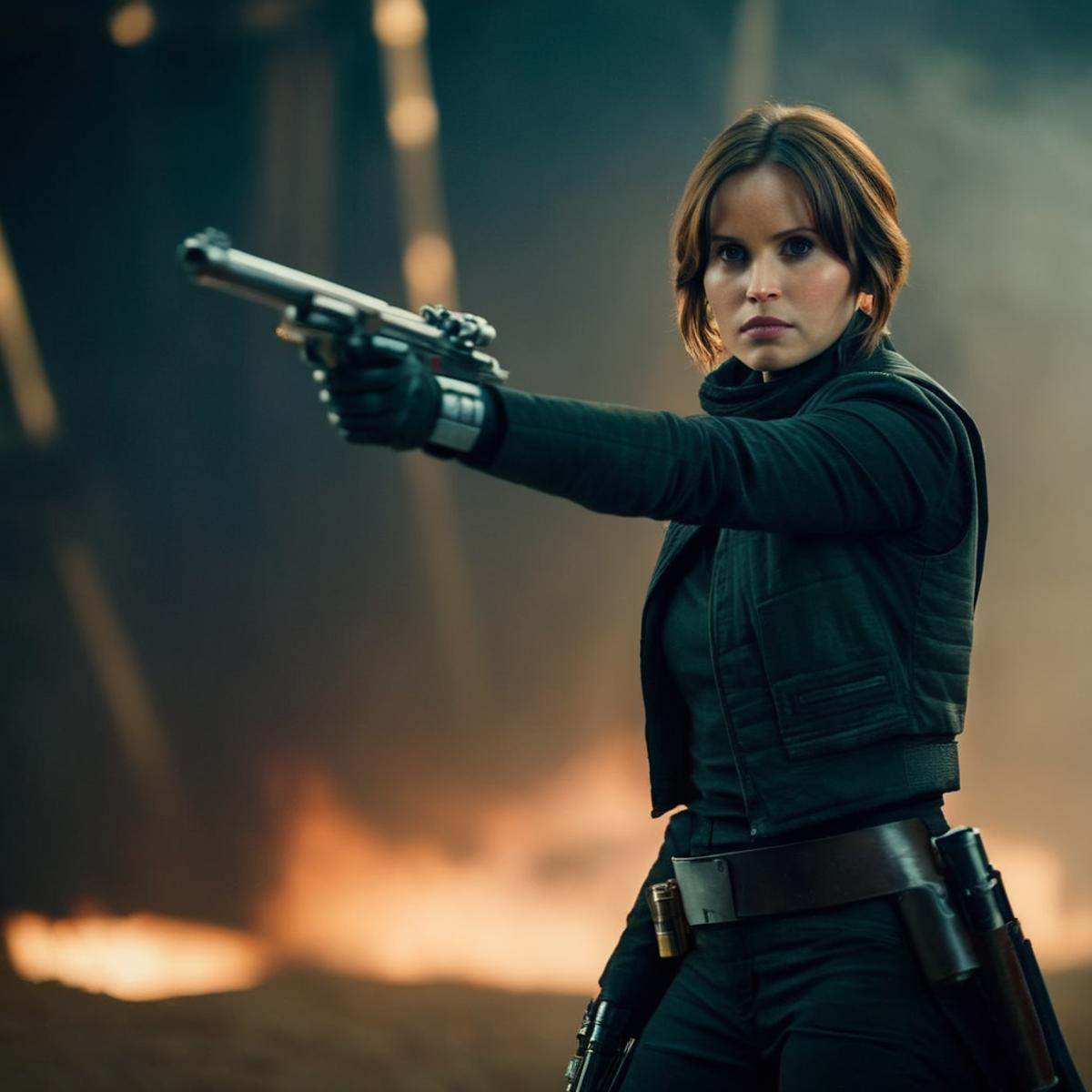 cinematic film still of Jyn Erso a woman in a black jacket holding a gun in star wars universe,  shallow depth of field,...