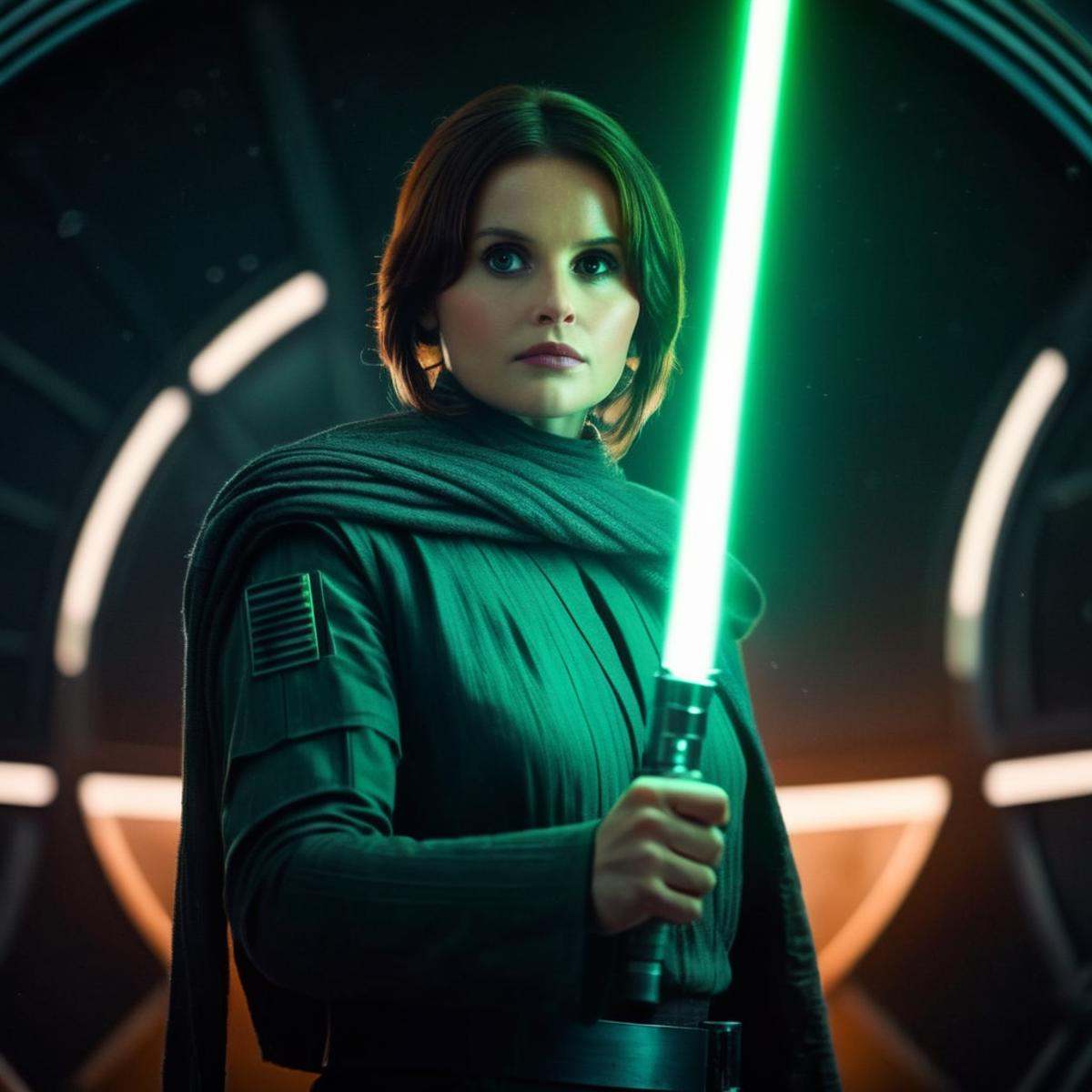 cinematic film still of Jyn Erso a greeneyes woman with a star wars light saber in her hand posing behind a big death star...