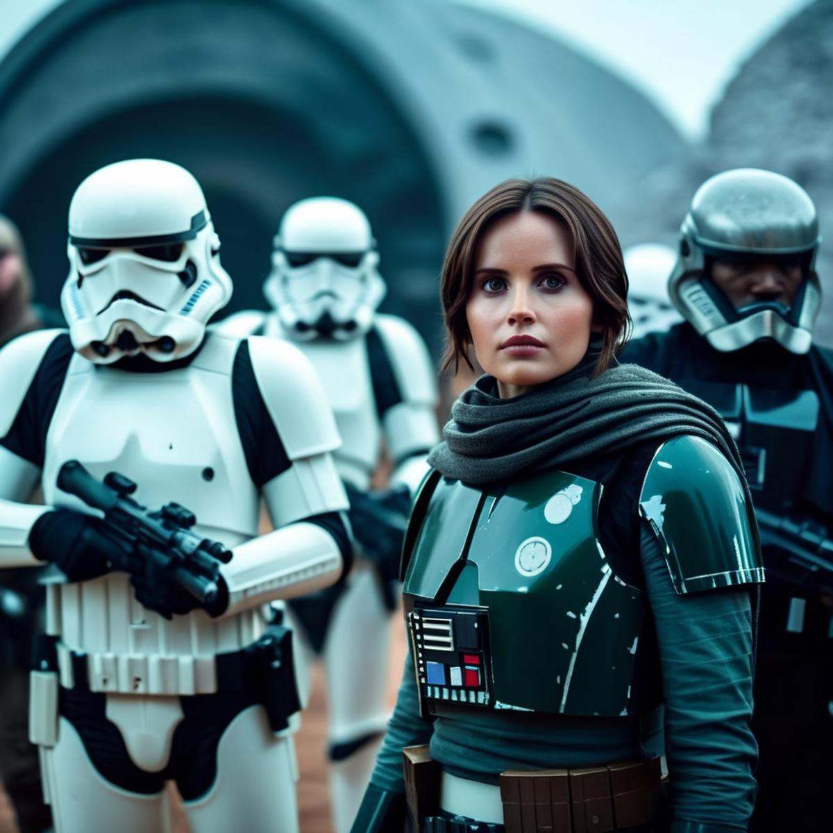 cinematic film still of Jyn Erso a hot woman in a star wars costume surrounded by stormtroopers in star wars universe,  sh...