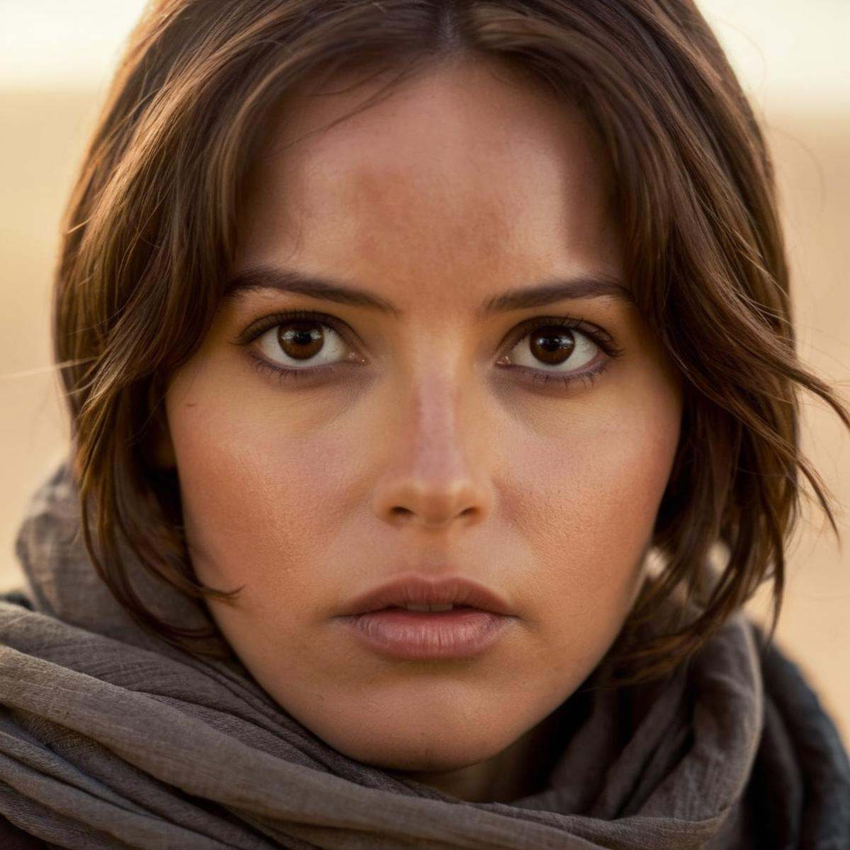 cinematic film still of Jyn Erso a closeup of a detailed hot perfect epic face beautiful woman with a scarf on looking at...