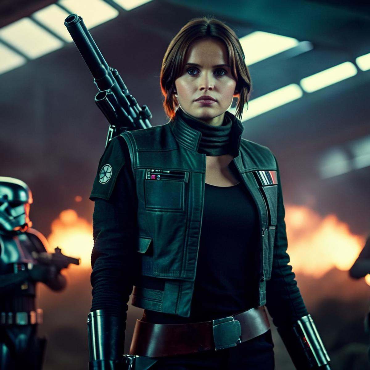 cinematic film still of Jyn Erso a woman in a black jacket holding a gun in star wars universe,  shallow depth of field,...