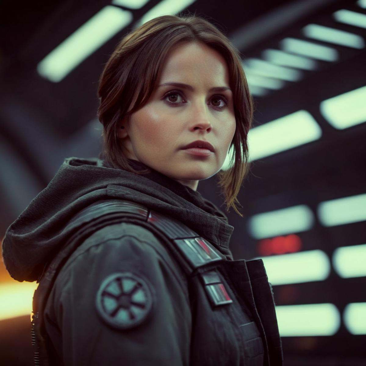 cinematic film still of Jyn Erso a closeup of a hot perfect face beautiful woman in a black jacket looking at something in...