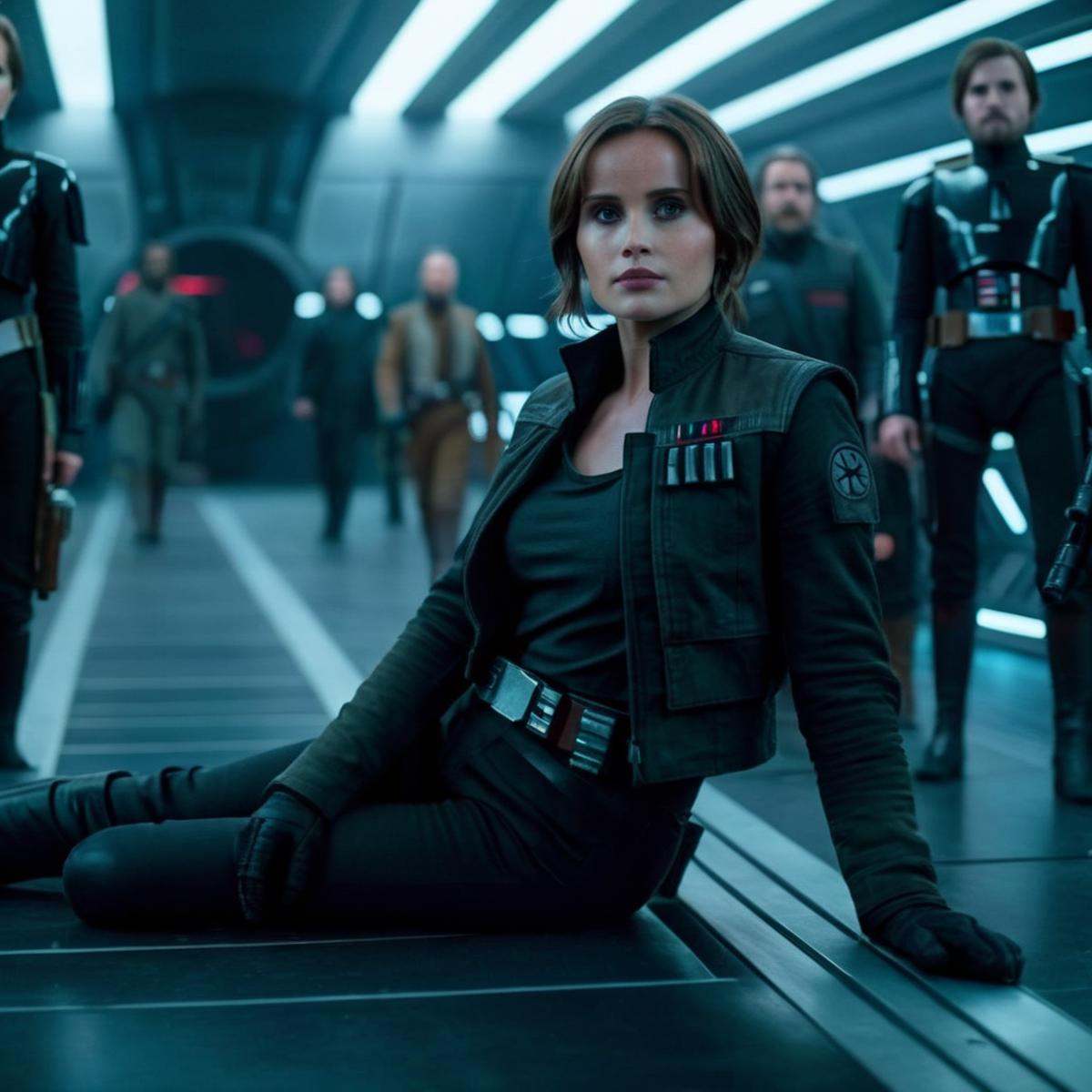 cinematic film still of Jyn Erso a naked hot woman in a black jacket and boots is laying on a platform in star wars univer...