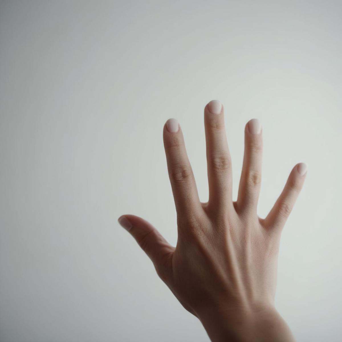 cinematic film still of a person's idle five fingers hand is shown with a white background Perfect Hands,  shallow depth o...