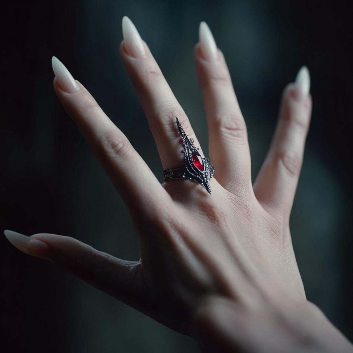 cinematic film still of a vampire creature's five fingers idle detailed hand with long nails Perfect Hands,  shallow depth...