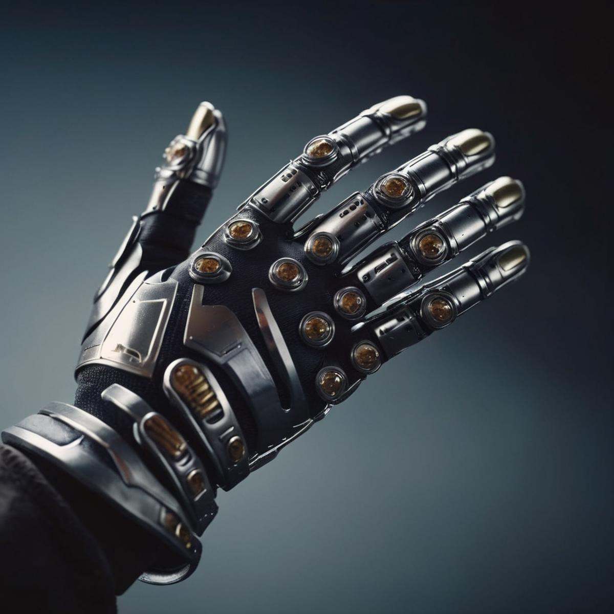 cinematic film still of a futuristic five fingers hand with a metal glove on Perfect Hand,  shallow depth of field,  vigne...