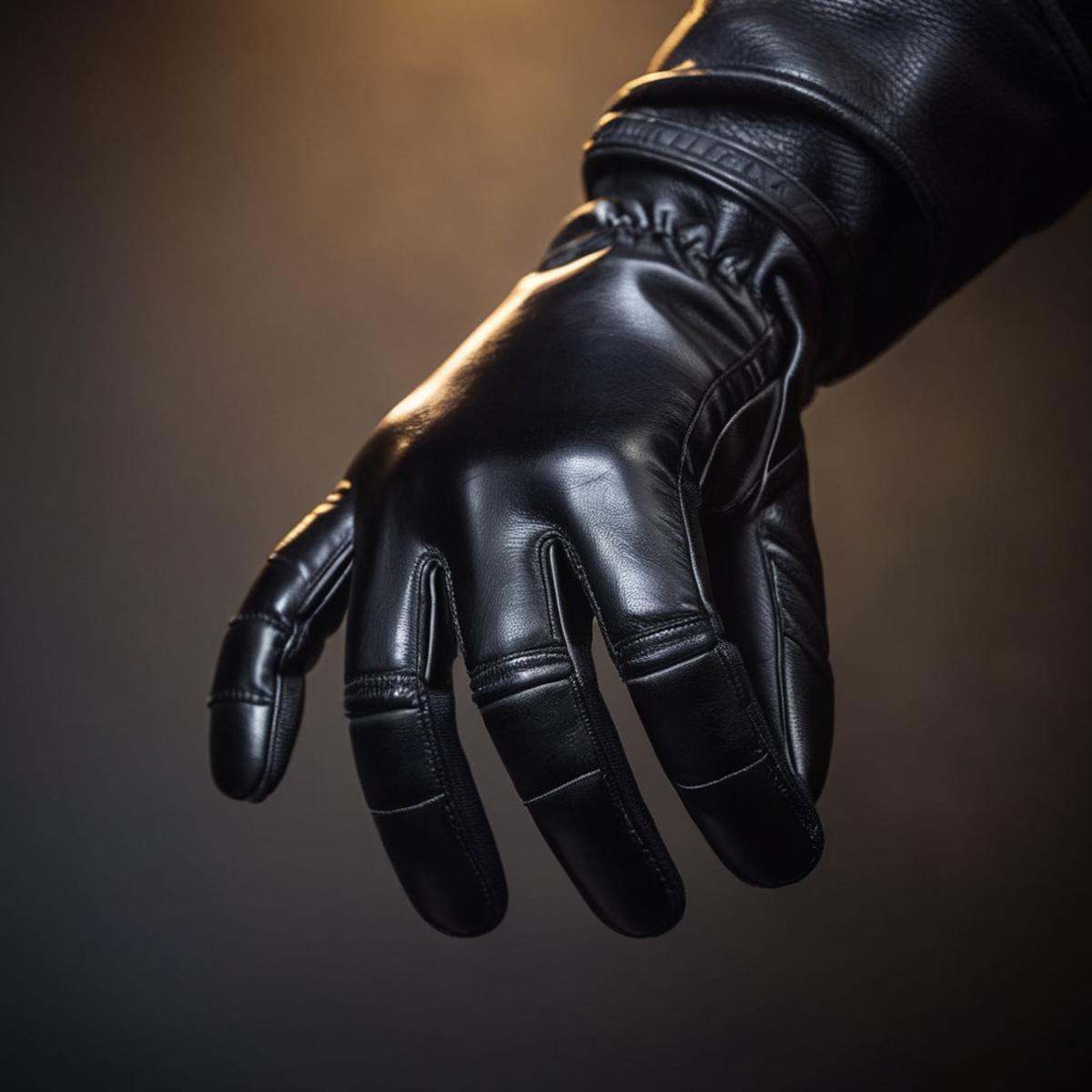 cinematic film still of a black five fingers hand with a black leather glove Perfect Hands,  shallow depth of field,  vign...