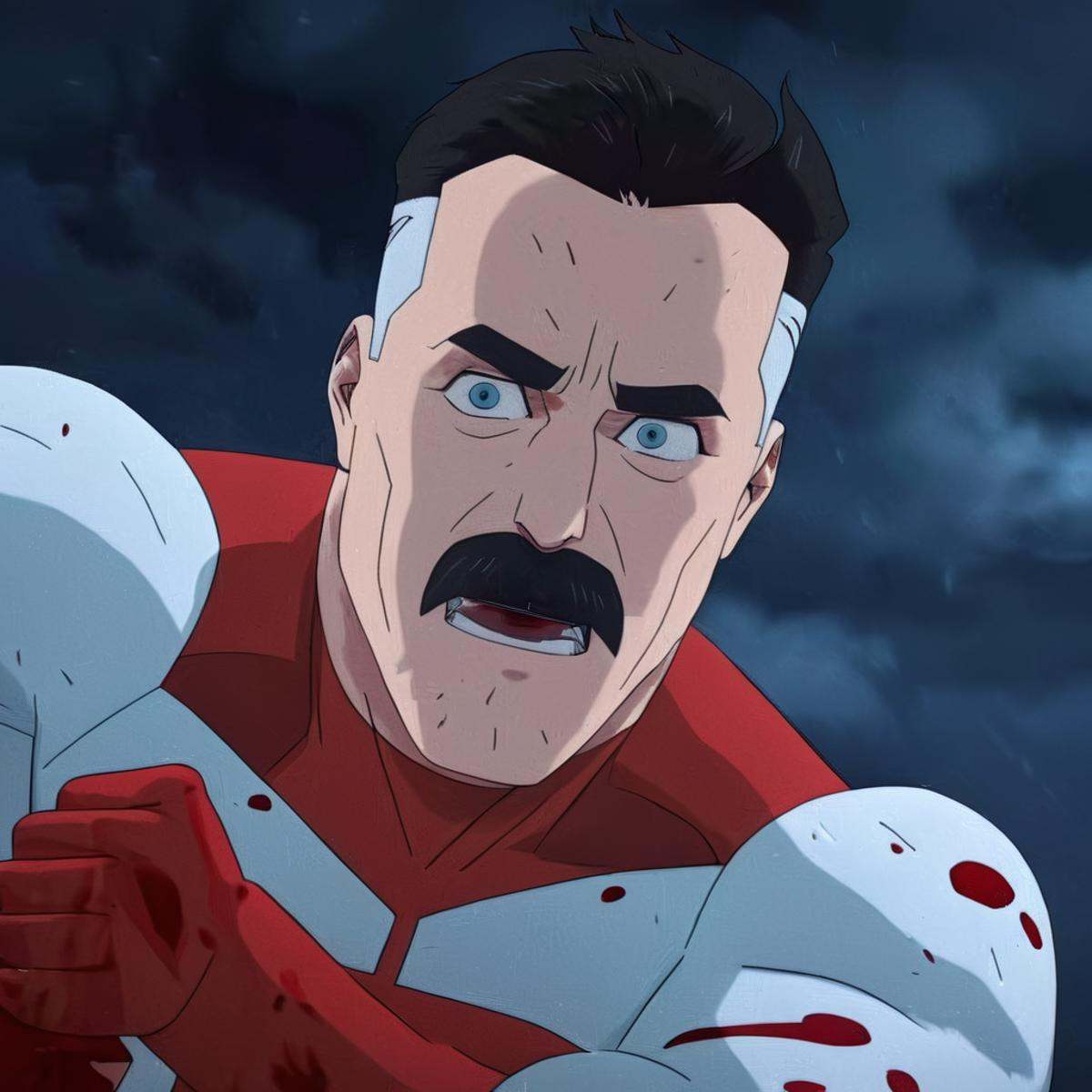 cinematic film still of detailed perfect red white outfitOmni-Man a man with a mustache and a bloody face,  anti-hero,  an...