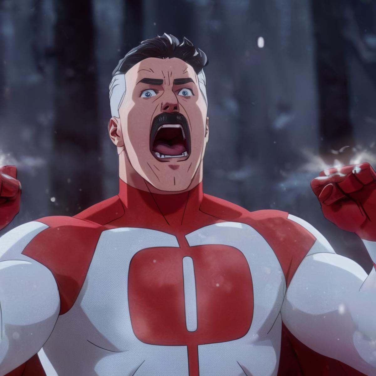 cinematic film still of detailed perfect red white outfitOmni-man is shouting yelling looking at his hands,  shallow depth...