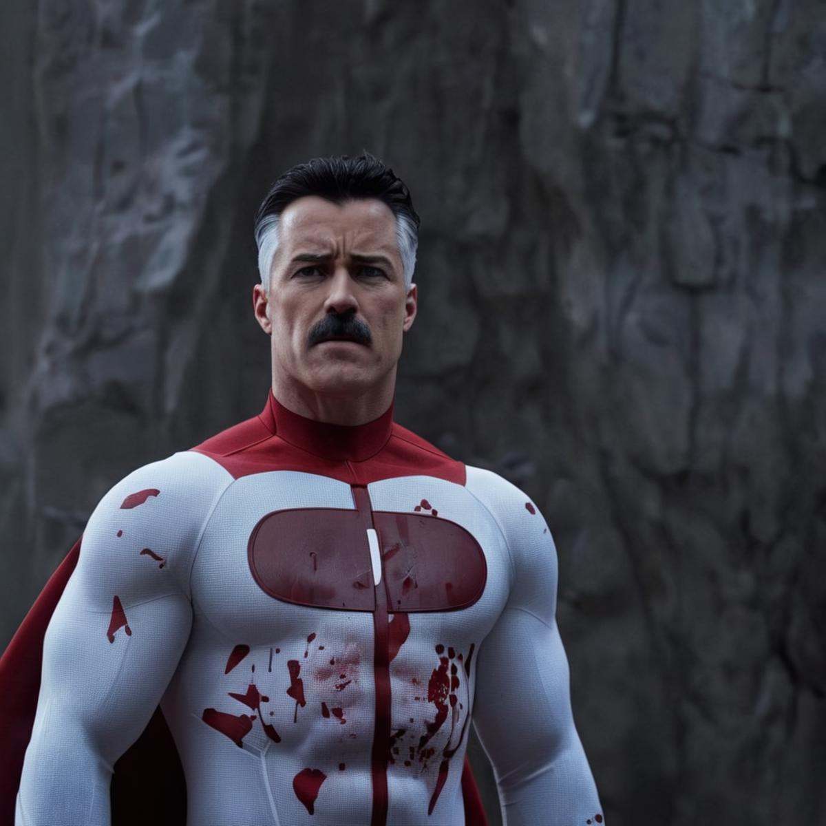 cinematic film still of detailed perfect Omni-Man a man with blood on his chest and chest,  anti-hero,  antihero on Tensor...