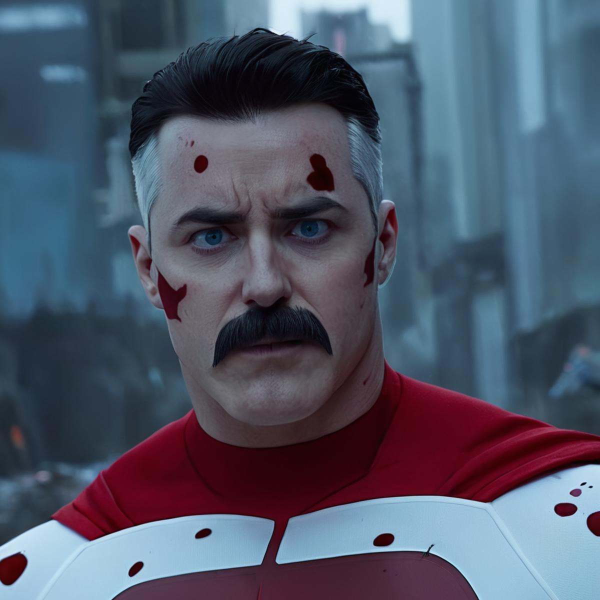cinematic film still of detailed perfect red white outfitOmni-Man a man with a mustache and a red cape looking at viewers...