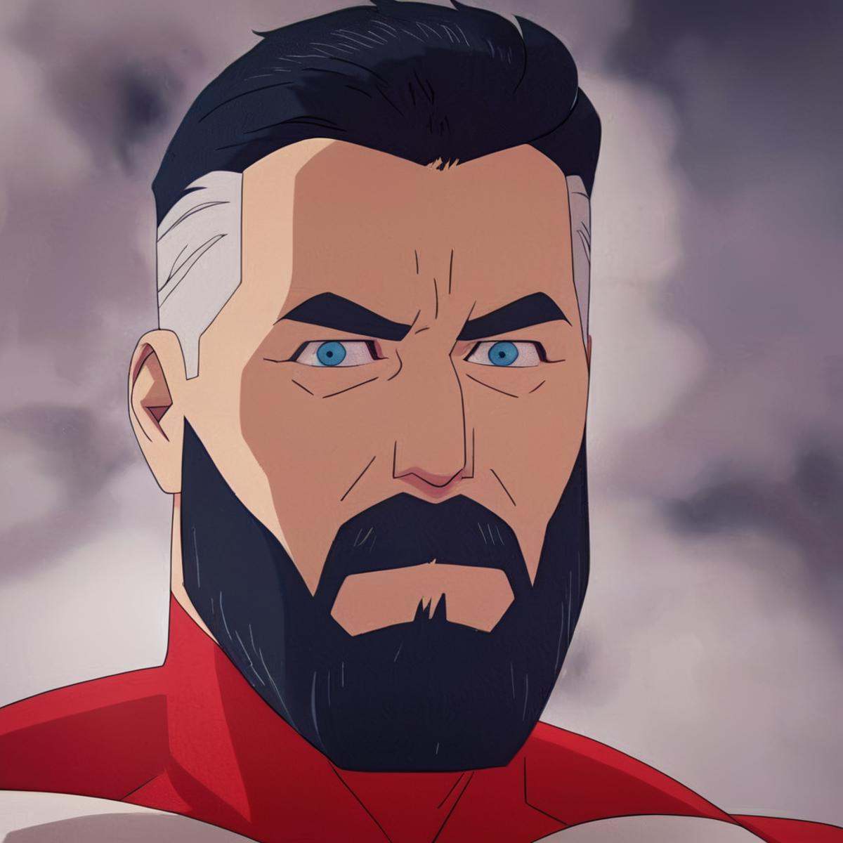 cinematic film still of detailed perfect red white outfitOmni-Man older a man with a black beard ,  shallow depth of field...